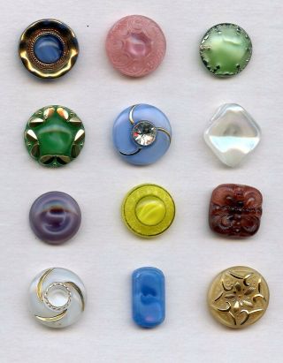 12 Vintage Glass Moonglow Buttons - - 3/4 " - - 5/8 " - - Colors - - Shapes - - Rhine,