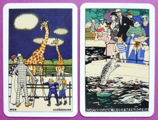 Pair Swap Cards.  Vienna Zoo Animals Vintage Postcard Art.  Giraffe,  Seals.  Piatnik