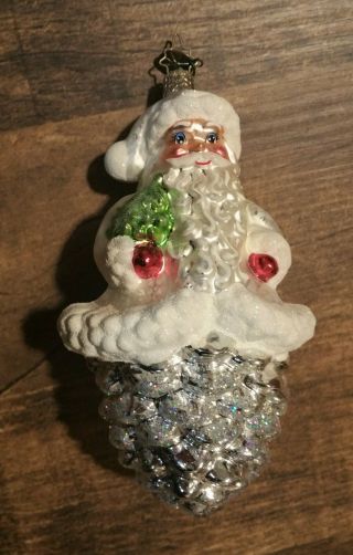 Christopher Radko Christmas Ornament White Santa On A Silver Pine Cone