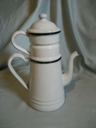Vintage French Enamelware Black & White 3 Piece Enamel Tea/ Coffee Pot