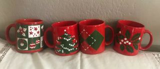 4 Waechtersbach Christmas Mugs Christmas Tree,  Argyle,  Patchwork & Holly