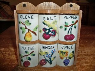 Vintage Spice Rack Jar Set - - 6 Different Raised Fruits - - Japan