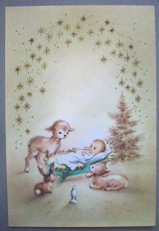 Glitter Stars Lamb Bunny Dove Watchover Jesus Christmas Vintage Greeting Card O