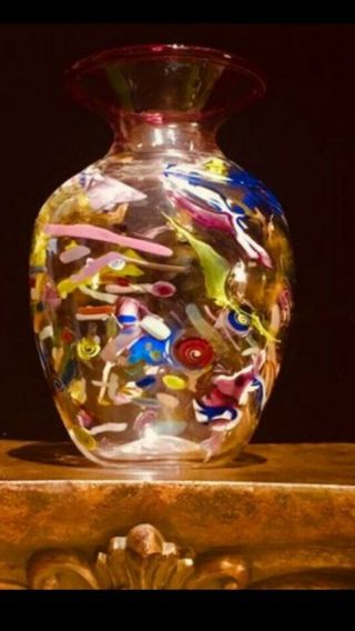Rare Antique Vtg Murano Vase Hand Blown Rainbow Swirl Art Glass Millefiori