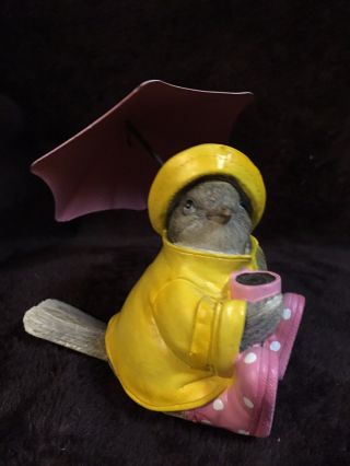 Carved Sparrow In Raincoat Figurine W/ Polka Dot Umbrella,  Boots,  Coffee Bird