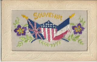 Wwi French Silk Embroidered Pc - Us - Uk - Flag - Shield - Banner - Flower - 1917 - 1918