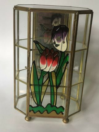 Vintage 9 " Glass Brass Curio Cabinet Display Case Miniatures Stained Glass 8.  5 "