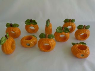 Orange Pumpkin With Leaf Stem Ceramic Hand Painted Napkin Ring Total 10