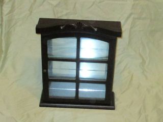 Glass Front Mirror Backed Dark Wood Hanging Wall Curio Display Cabinet