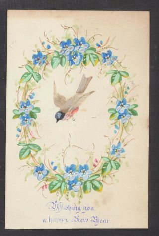 C10606 Victorian Hand Painted Year Card: Bird In Garland 1877