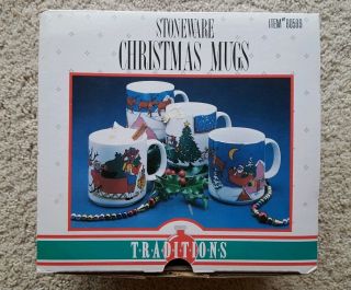 Vintage Set Of 4 Stoneware Christmas Mugs 80599