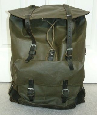 Vintage Swiss Army Rubberized Military Backpack Leather Bottom And Straps Euc