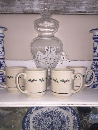Longaberger Pottery Holiday Christmas Mugs Set Of 4 - Usa Made