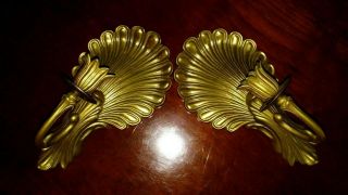 Pair Vintage Solid Brass Seashell Shape Candle Holders Wall Scones