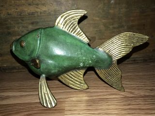 Fabulous Vintage Art Deco Solid Brass/Bronze Metal Koi Fish Paperweight 9” 2