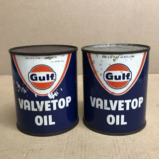 2 Vintage Gulf Valvetop Oil 1 Pint Full Can Automotive Gas Oil Station Valve Top