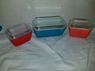 Vintage Pyrex Primary Colors 6pc Refrigerator Dishes Set - - Older Lids - Great Shape