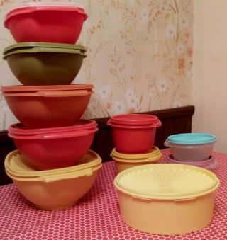 Set Of 10 Vintage Tupperware Servalier Bowls Harvest Colors W/starburst Lids