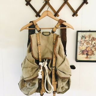 Vintage French Army Military Canvas Leather Backpack Rucksack