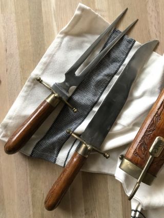 Vintage Hand Carved Wood & Brass Meat Carving Fork & Knife Set India
