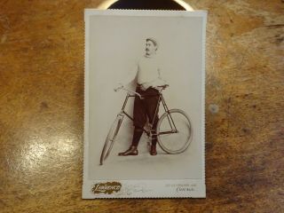 Fantastic Bicycle Cabinet Card Photo Of Man With Bicycle In Chicago Studio 1890s