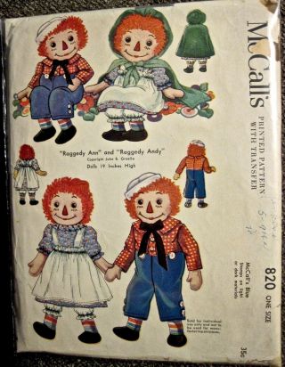 Vintage 1940 Mccall Raggedy Ann & Andy Doll & Clothes Pattern 820 Doll 19 " Tall