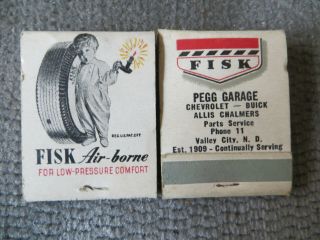 Pair - Fisk Tires Front Strike Matchbooks - Allis Chalmers - Chevrolet - Valley City Nd