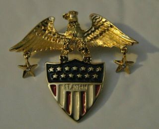 Vintage St John Gold Eagle American Flag Enamel Rhinestones Star Pin Brooch