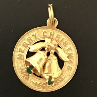 Vintage 14k Yellow Gold Merry Christmas Charm,  Bells With Green Stones,  2.  45 Gr.