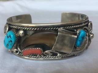 Vintage Sterling Silver Navajo Cuff With Turqouise & Coral.  M Thomas Jr