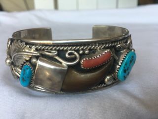 Vintage Sterling Silver Navajo cuff with Turqouise & Coral.  M Thomas Jr 2