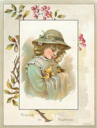 Vintage Early 20th Century Victorian Greeting Card Girl With Baby Ducks