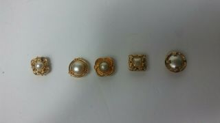 Vintage Gold Tone And Faux Pearl Round Metal Button Covers Set Of 5