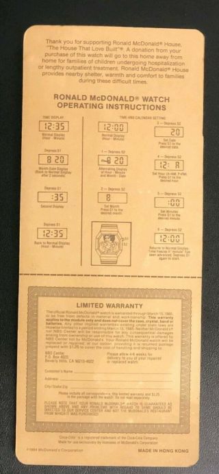 Vintage 1984 Ronald McDonald Wrist Watch in Package McDonald ' s 2