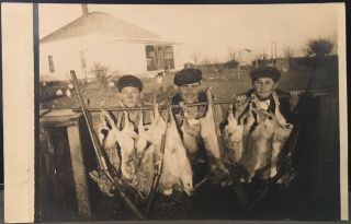 Real Photo Postcard Rppc Father & Two Sons W Rabbits & Rifles Hunter Hunting