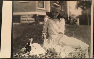 Real Photo Postcard Rppc Young Woman Sits On Grass With Seven Rabbits