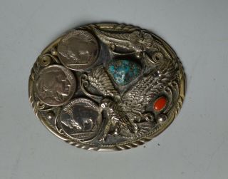 Vintage Native American Navajo Style Belt Buckle Coral Turquoise Eagle Jewelry