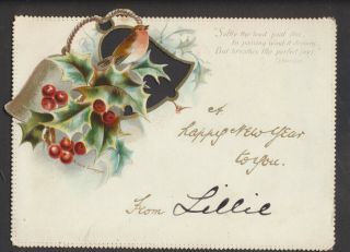 C10526 Victorian Tuck Die Cut Year Card: Robin,  Bells & Holly,  Annie Simpson