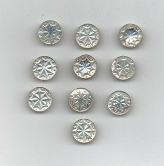 10 Carved Mother Of Pearl Buttons.  They Measure 1/4 " Inch Across.  Brass Shank