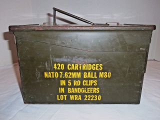 Vtg Metal Ammo Box 420 Cartridge Nato 7.  62mm Ball M80 5rd Clips In Bandoleers