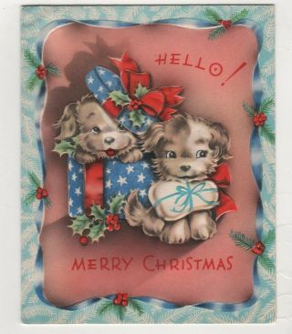 Vintage Greeting Hello Merry Christmas Year Card 2 Puppy Wear Flag Clothes Cute