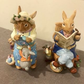 Mama & Papa Bunny Rabbit Ceramic Trinket Boxes Knitting Rocking Reading Cwc 7 "