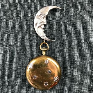 Unique Vintage Sterling Silver Moon & Copper Pocket Watch Brooch