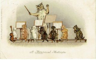 A M Lockyer Artist Signed Old Postcard Anthropomorphic Cats In School Orchestra