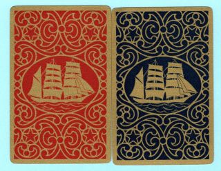 2 Single Vintage Swap/playing Cards Transport Boats Sailing Ship Gold Detail T32