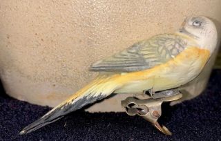Vintage Yellow Bisque Porcelain Parakeet Bird Figurine Ornament Clip