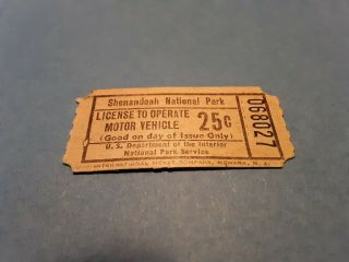 1947 Shenandoah National Park Ticket License To Operate Motor Vehicle