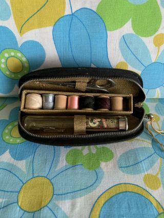 Vintage Sewing Kit Black Zippered Pouch Scissors Thread Thimble