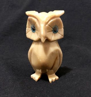 Vintage Marble Stone Owl Statue Hand - Carved Miniature (2 3/4 ") Blue Eyes