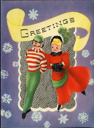 Vintage Christmas Card Art Deco Die - Cut Gay Parisienne Ice Skaters Silver